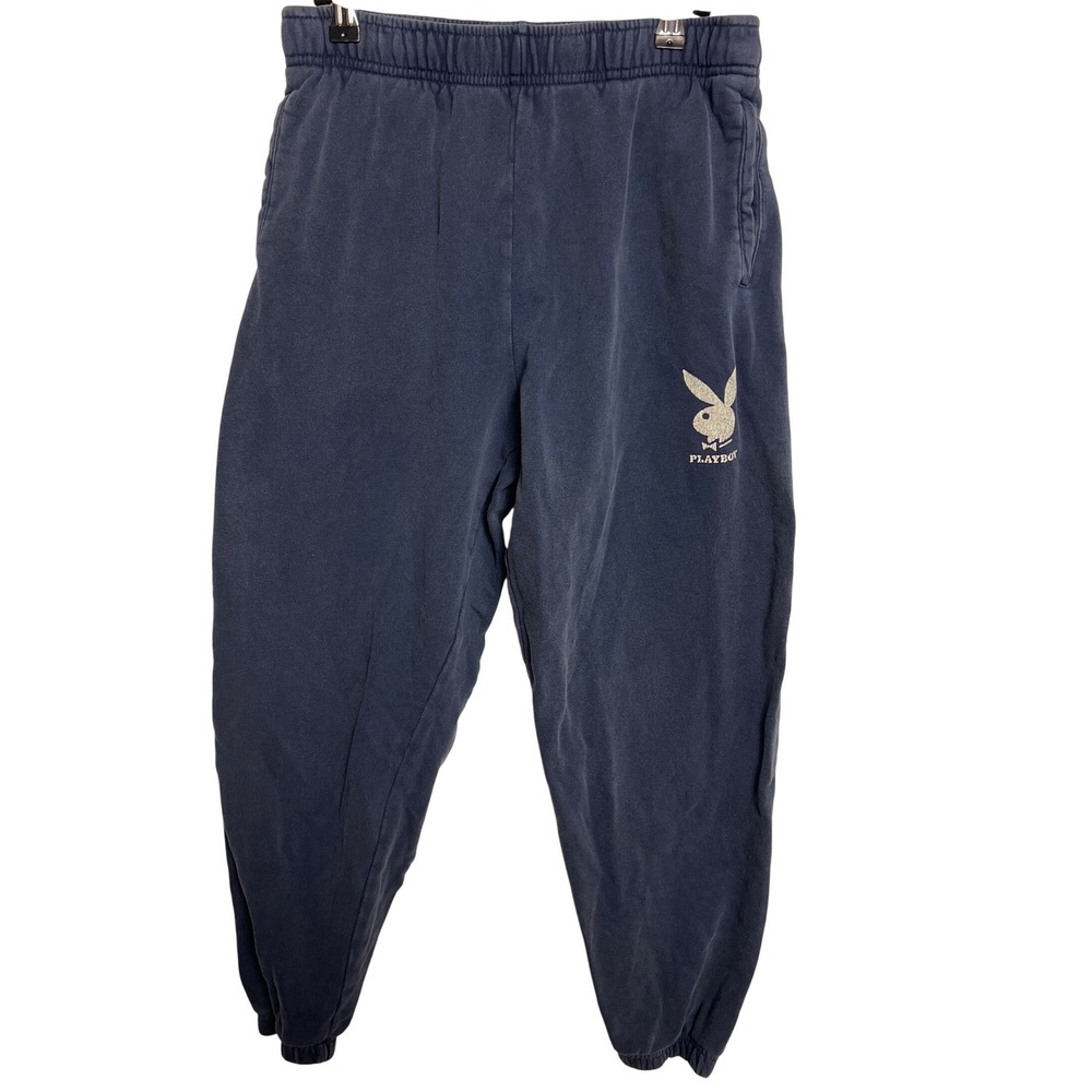 Playboy by PacSun‎ Mens M Navy Blue Washed Cotton Jogger Sweatpants Bunny Logo